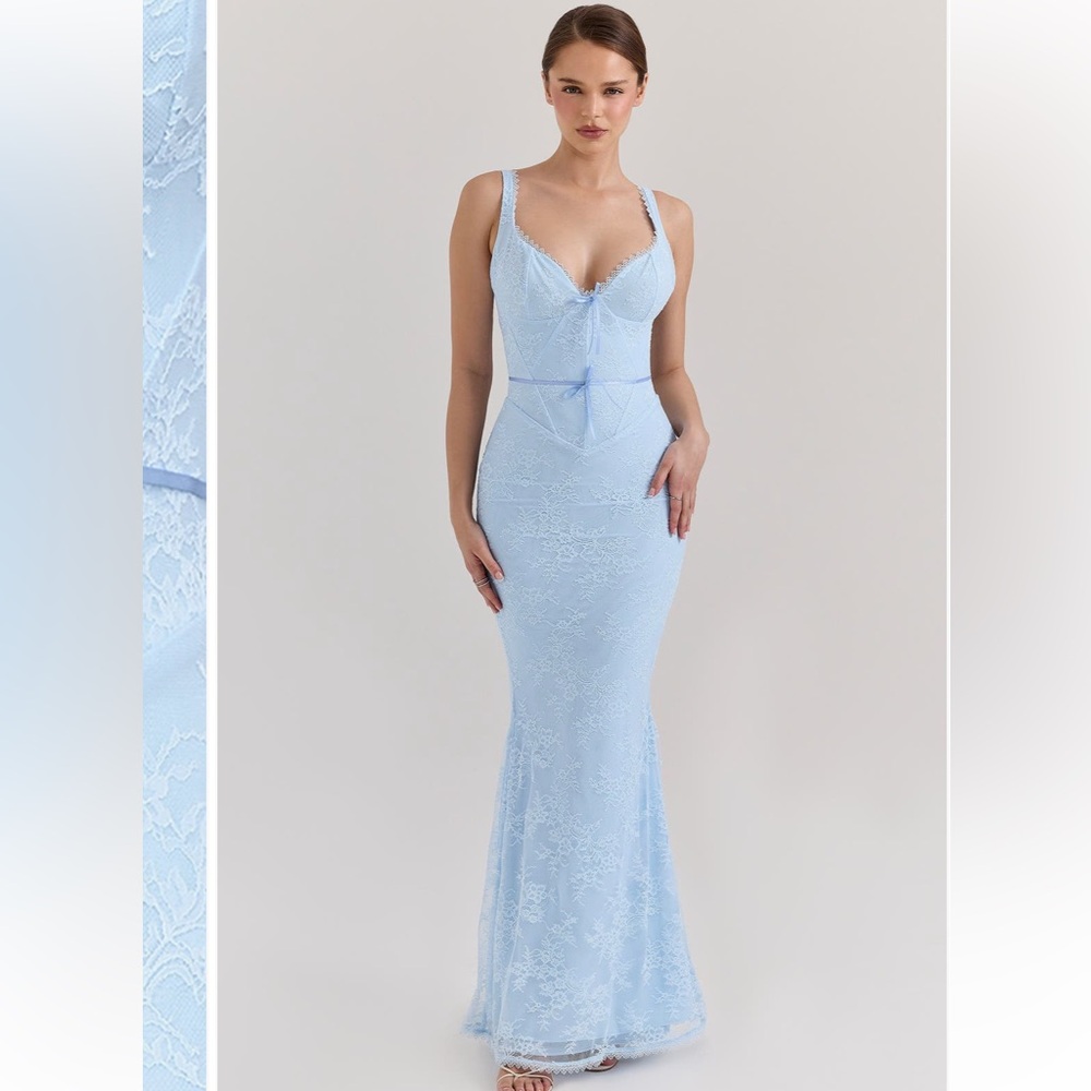 House of CB Blue Plunge Neck Sleeveless Gown